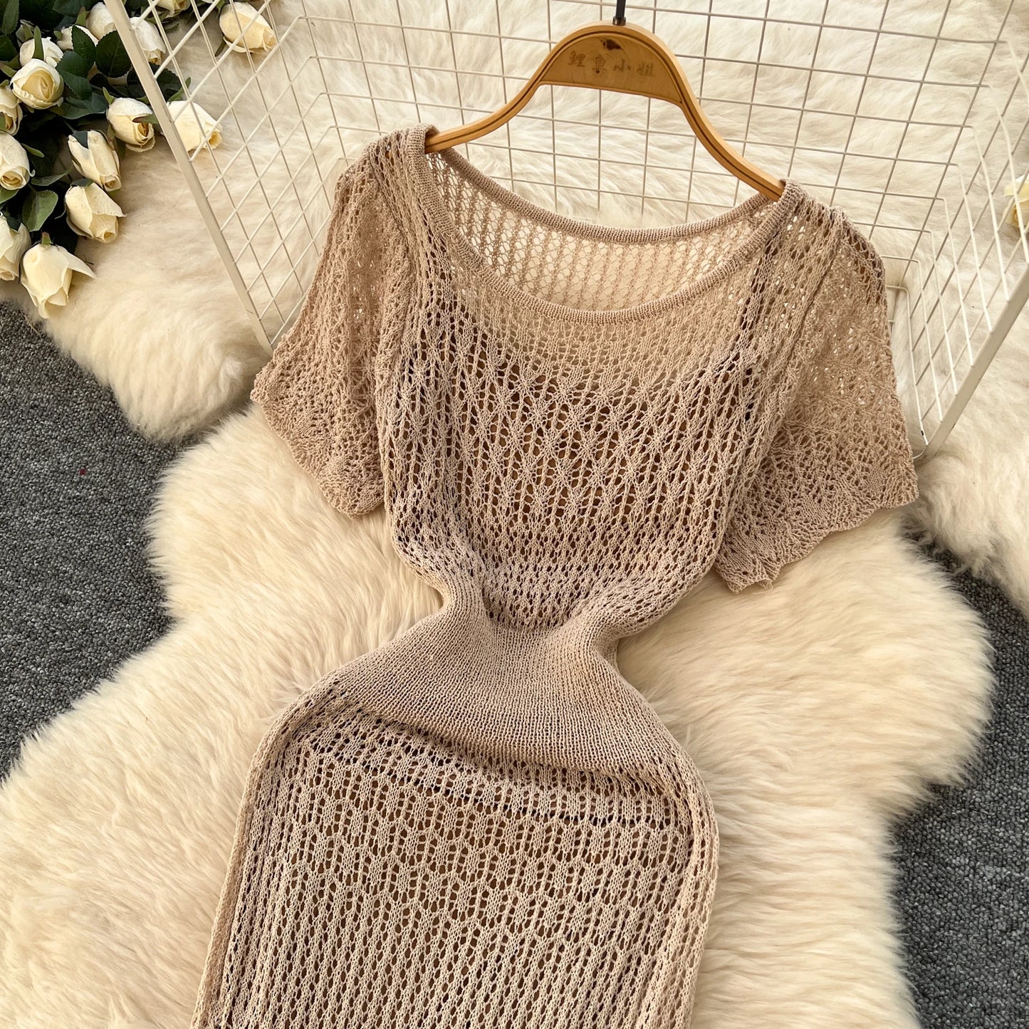 SINGREINY Vacation Style Casual Dress Suits Solid Strap Short Sundress+Knitting Hollow Out Long Dress Korean Women Beach Sets