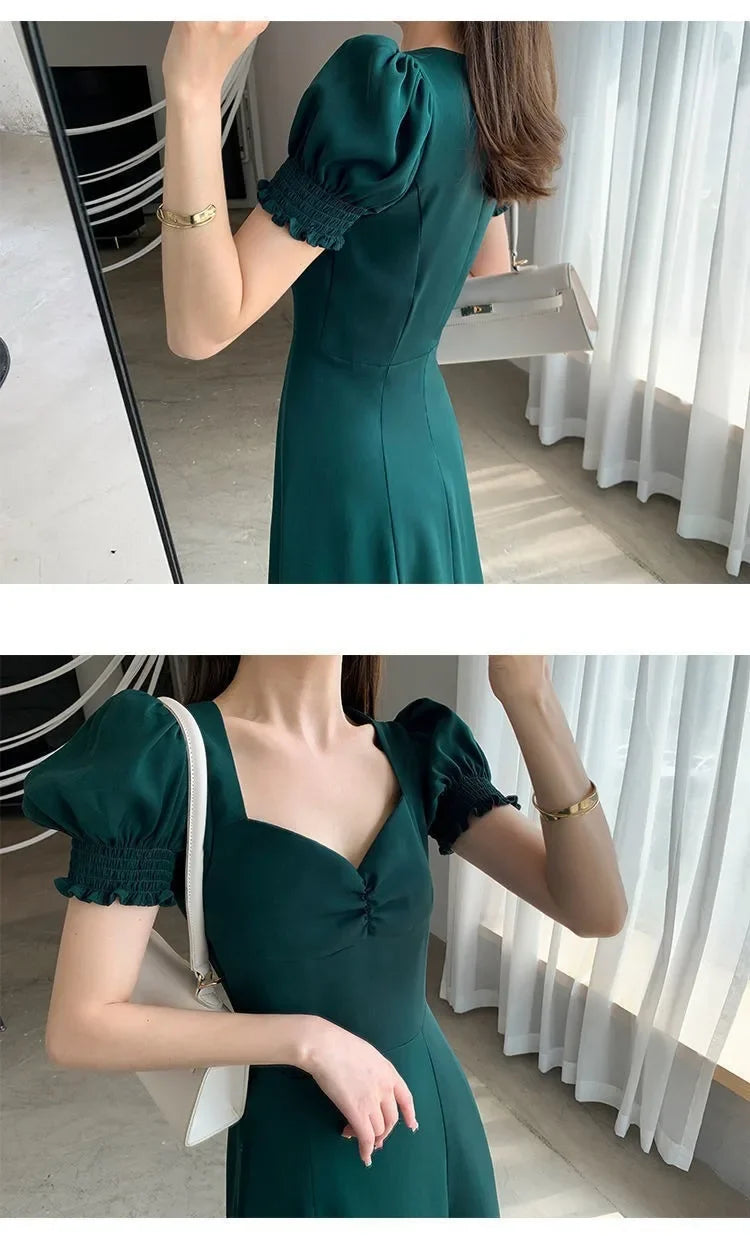 Sweet Vintage French Style Women's Long Dress Summer Hot Sale Of The Season New Bubble Sleeve Square Collar A- Line Split Skirt