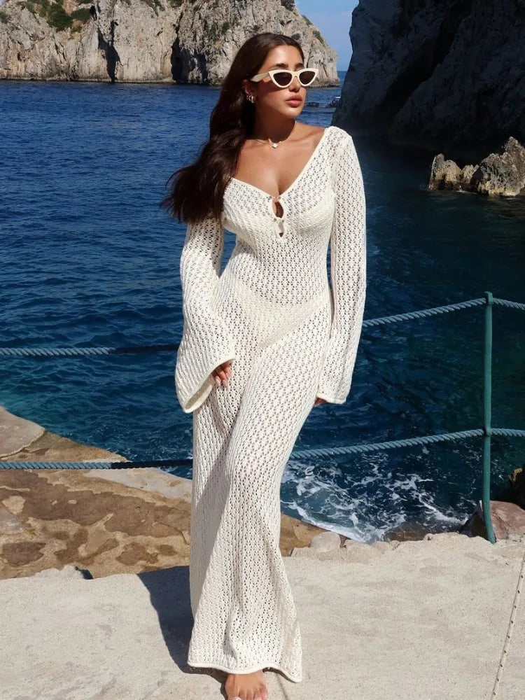 TARUXY Crochet Beach Maxi Dress Women's Sexy Knitted Hollow Bikini Swimsuit Cover-Up Sun Protection Dress See Through Slim Lady