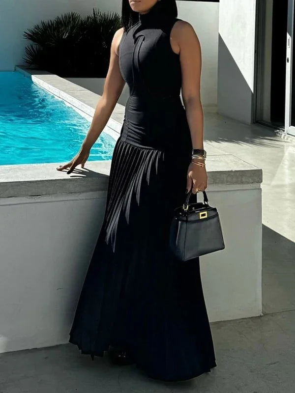 Bonboho 2024 New Summer Dress for Women High Neck Sleeveless Skinny Long Dress Solid Black High Waist Pleated Party Dresses