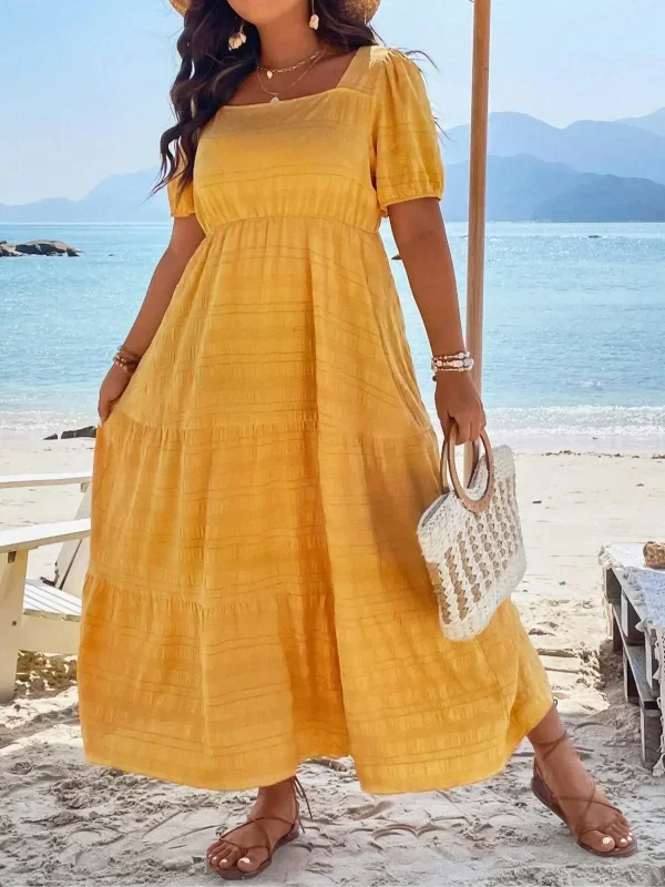 Plus Size 1XL-5XL Women's Fashionable Square Neck Solid Color Dress Ladies Casual A-line Skirt Short Sleeved Long Dress