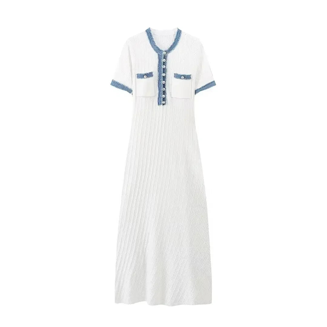 European and American style denim stitching knitted short-sleeved dress women's new high-end design long dress