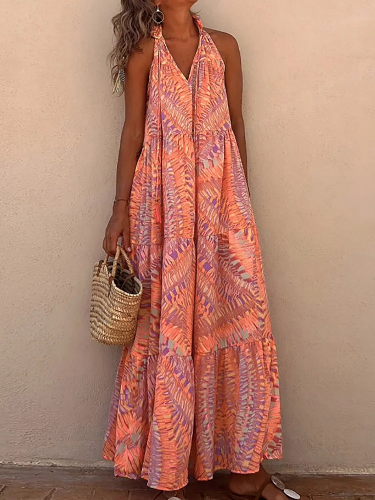 Summer Beach Style Women Ruffles Dress Patchwork Backless Off Shoulder Lady Long Dress Holiday Casual Loose Sleeveless Dresses