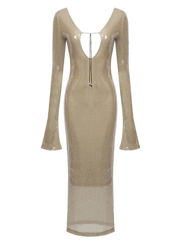BEVENCCEL Sexy Luxury Sequins Deep V Long Sleeve Backless Sequins Long Dress Elegant Bodycon Maxi Evening Party Clubwear Dress