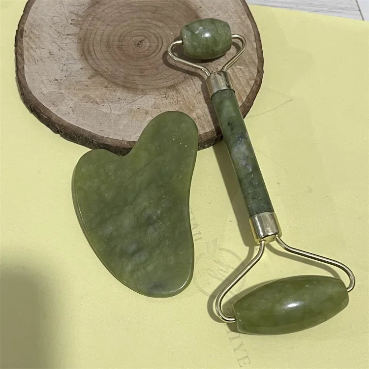 Natural Jade Double Head Roller Health Beauty Treatment Device Scraping Board Set Xiuyan Face Massager To Lift Remove Wrinkles