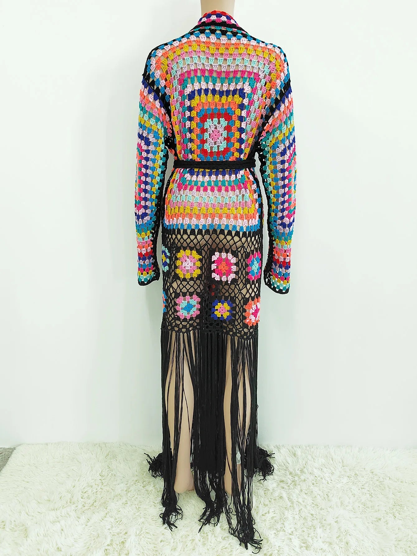 Crochet Knitted Women Cardigan Cover Ups Tassel Plaid Long Coat Bohemian 2023 Summer Beach Bikini Covers Sexy Hook Vestidos