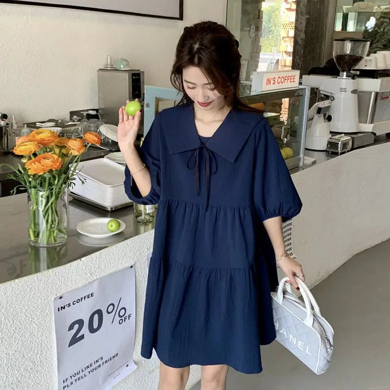 Vintage Pleated Lacing Loose Mini Dress Summer New Half Sleeve Solid Color Sweet Casual Dresses Fashion Korean Women Clothing