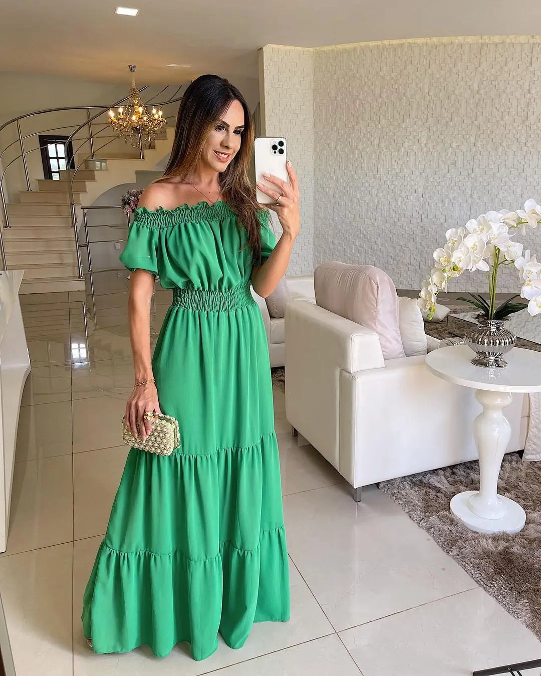 Women's Dress One-line Collar Spring And Summer Short-sleeved New Green Long Dress Fashion Casual Loose Beach Party Dresses Robe