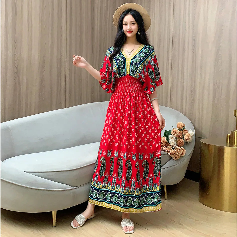 V-neck Large Skirt Hem Casual Sweet Holiday Long Dress Bat Sleeves Elastic Waist Bohemian Print Floral Elegant Dresse For Women