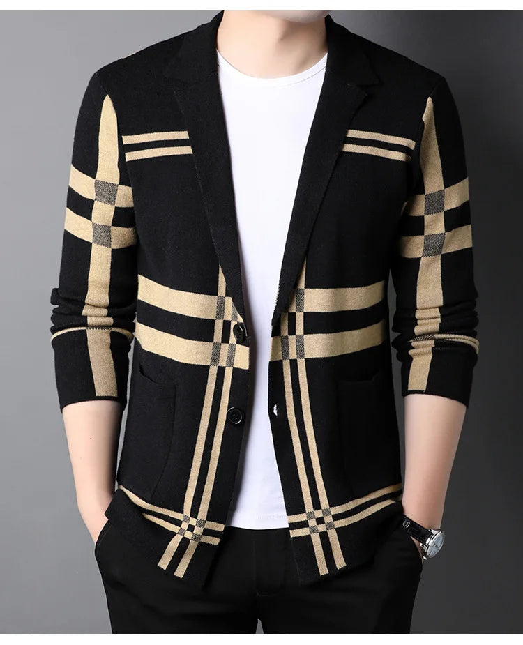 New Men's Spring Korean Knitted Cardigan High-end Brand Fashion Plaid Sweater Coat Male Autumn Leisure Luxury Sweaters