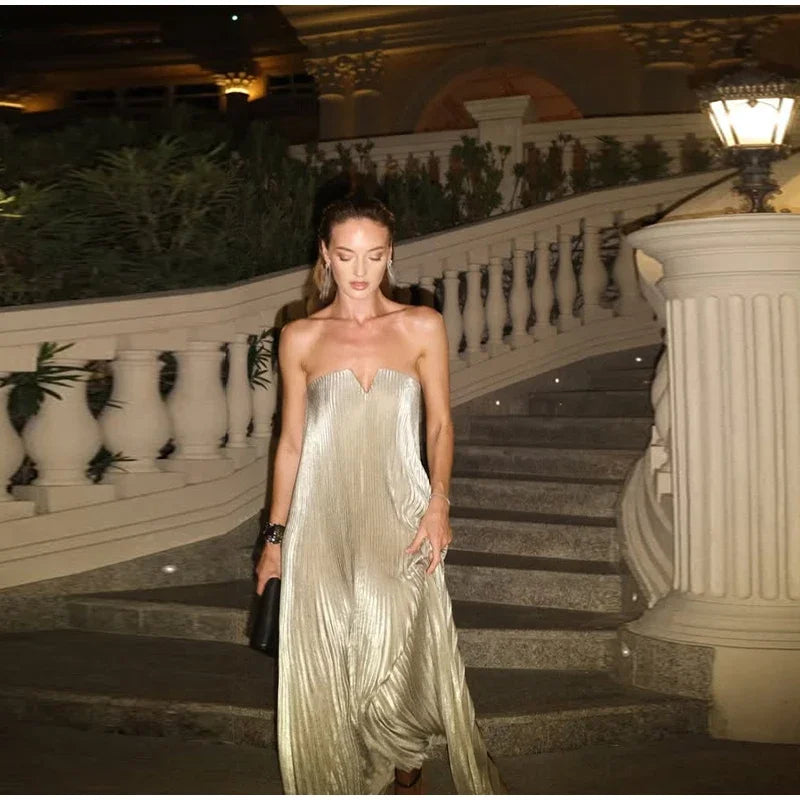 Elegant Pleat Long Dress Women Loose Tube Top Shiny Backless Sleeveless Dresses Female 2025 Summer Lady Party Evening Robes