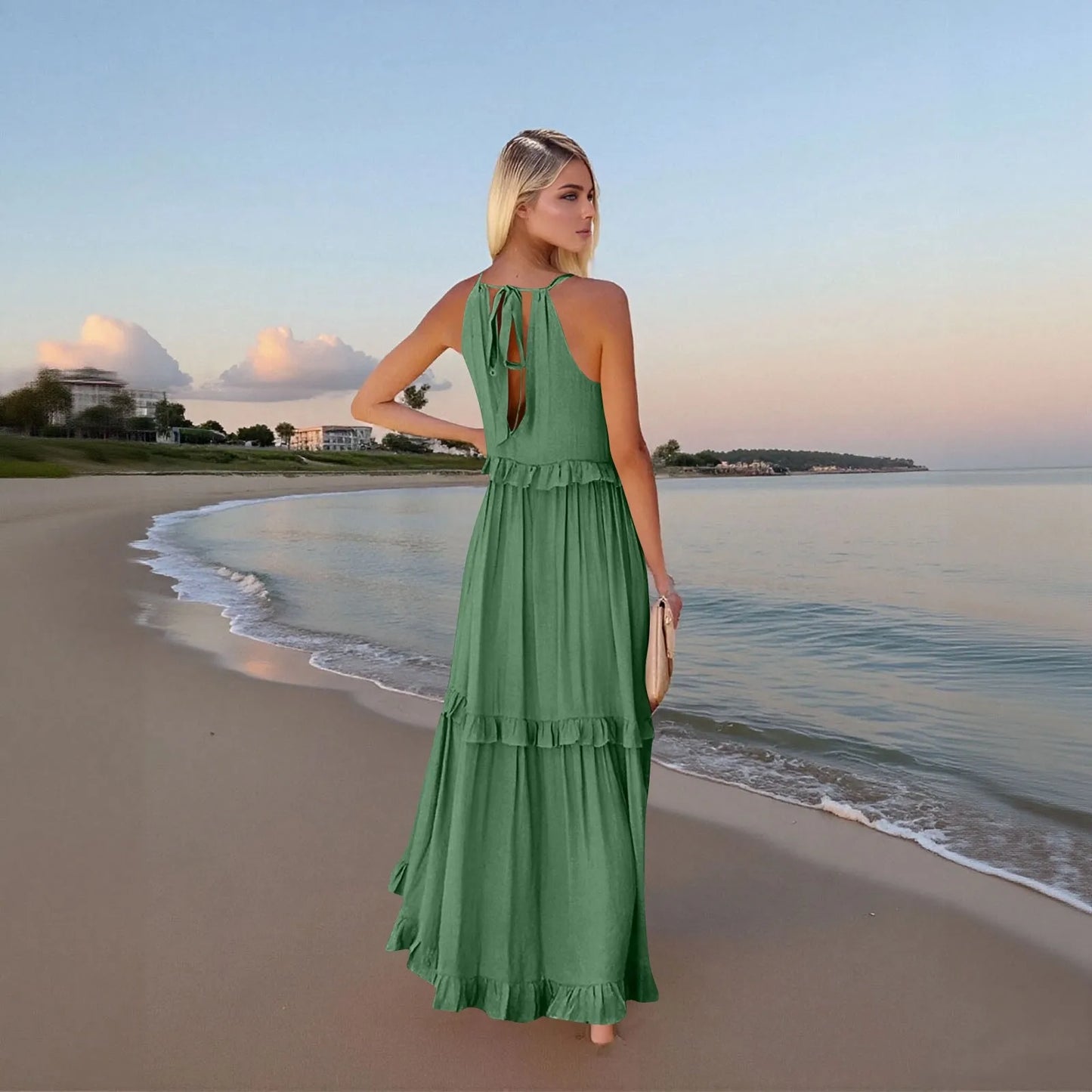 Women's Ruffled hem layered long dresses Summer Sleeveless backless dress Fashion Long Dress Big Swing Beach Dress vestidos