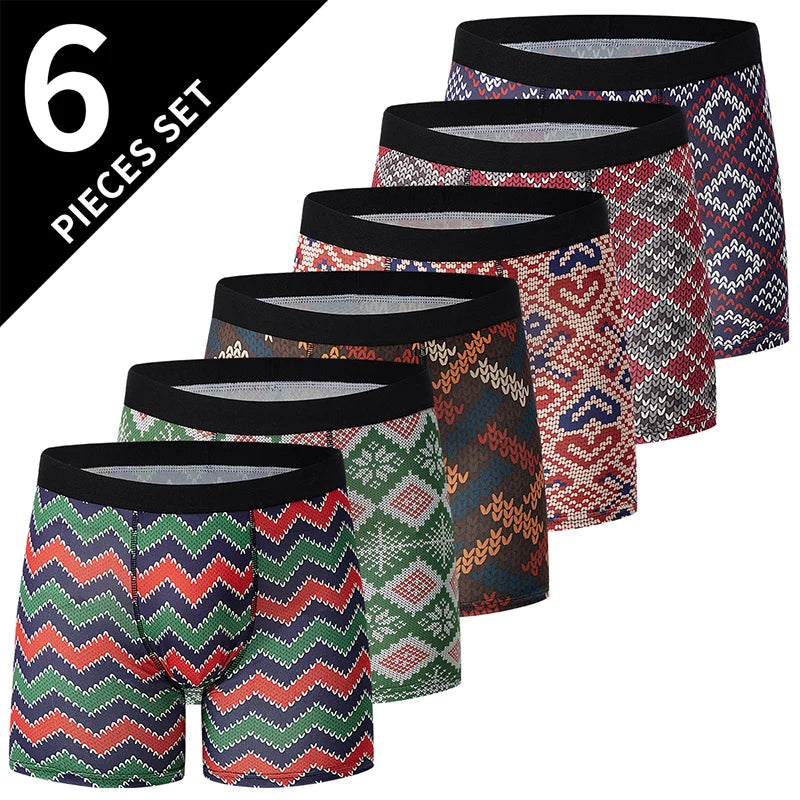 6 Pcs Parent-child Fashion Printed Underwear Men's Multi-size Long Boyshort Teenagers Comfortable And Versatile Elastic Waist S