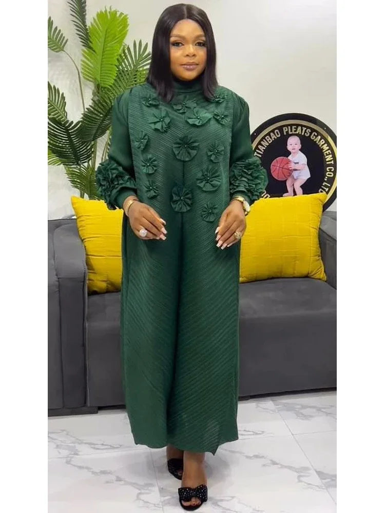 ANLAN Miyake Pleated Maxi Long Dress 3D Flower Splicing Lantern Sleeve Half Turtleneck Formal Dresses for Women 2025 New 5AN9928