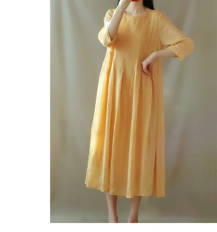 In-stock Korean Lightweight Elegant Dress Artistic Vintage Loose-fit Travel Vacation Long Dress Cotton Linen Women's Clothing