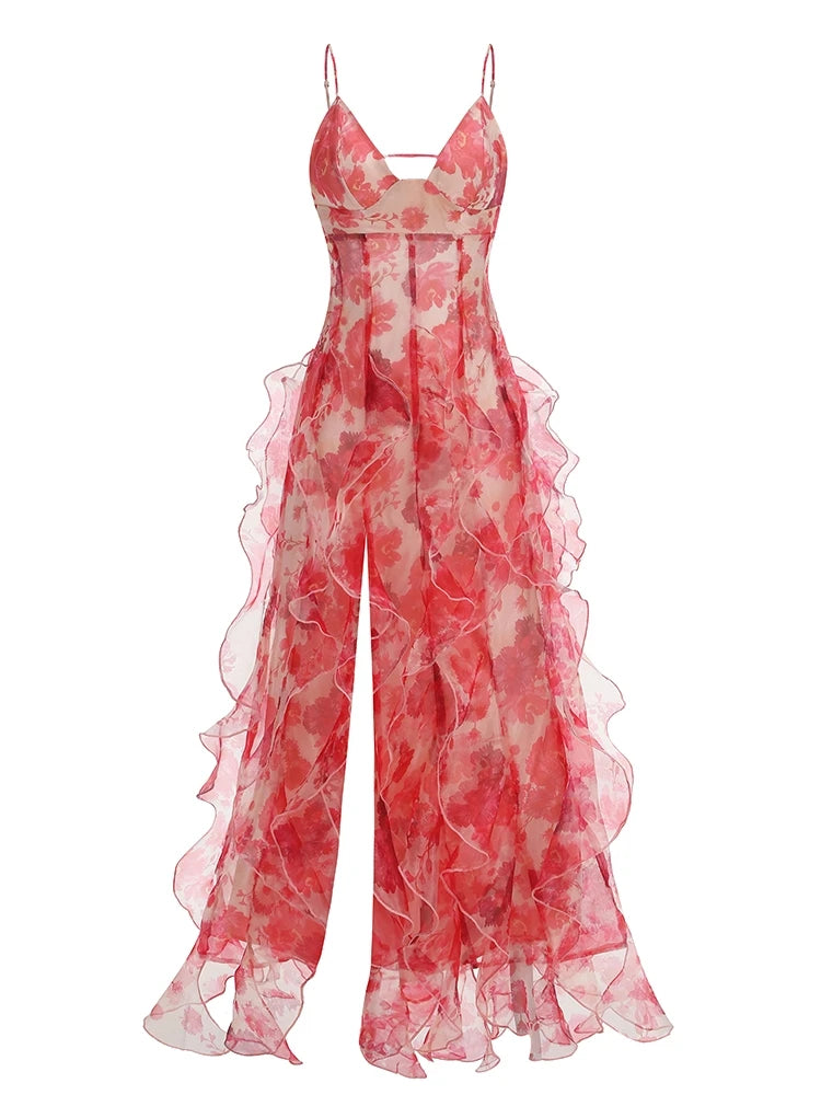 Summer Women Sleeveless Colorful Floral Printing Beach Long Dress Sexy Spaghetti Straps Backless Ruffles Split Dresses Holiday