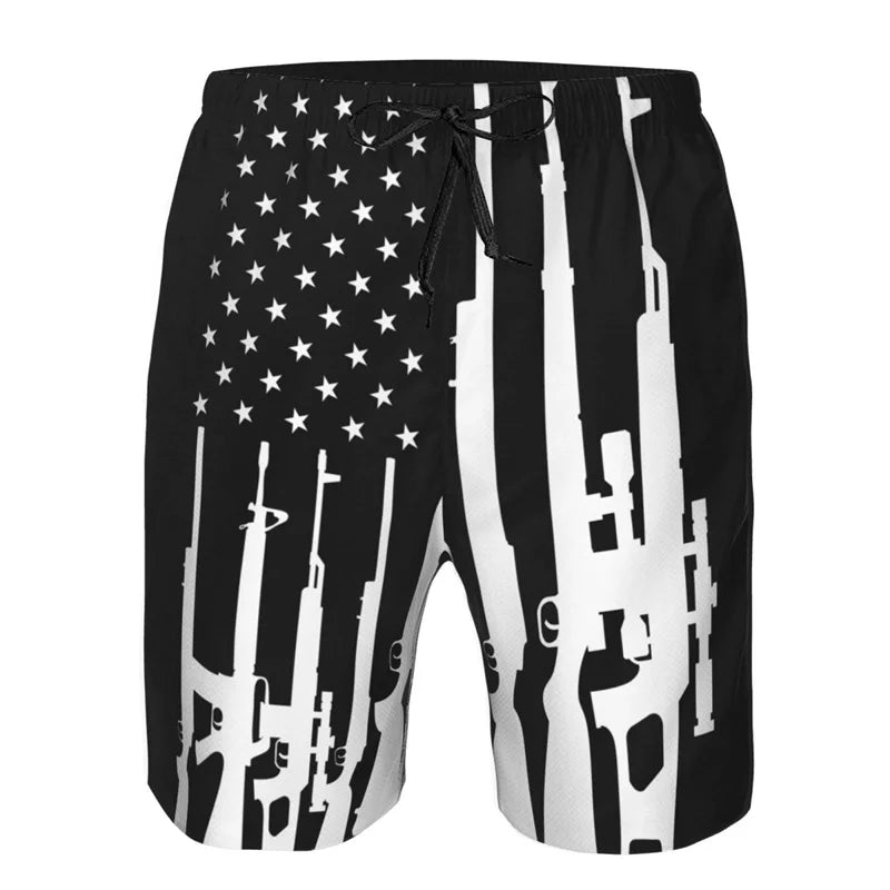American Flag Gun Weapons Hawaii 3D Printing Hip Hop Board Shorts Summer Swimsuit Surf Swim Trunks Big Size Swimwear Men Beach
