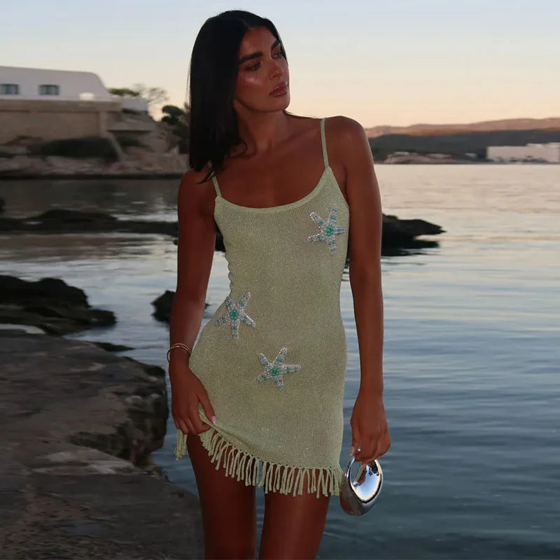 Star Pattern Knitted Sequins Long Dress Women Sleeveless O-neck Solid 2025 Summer Fashion Slim Dresses Vacation Party Vestidos