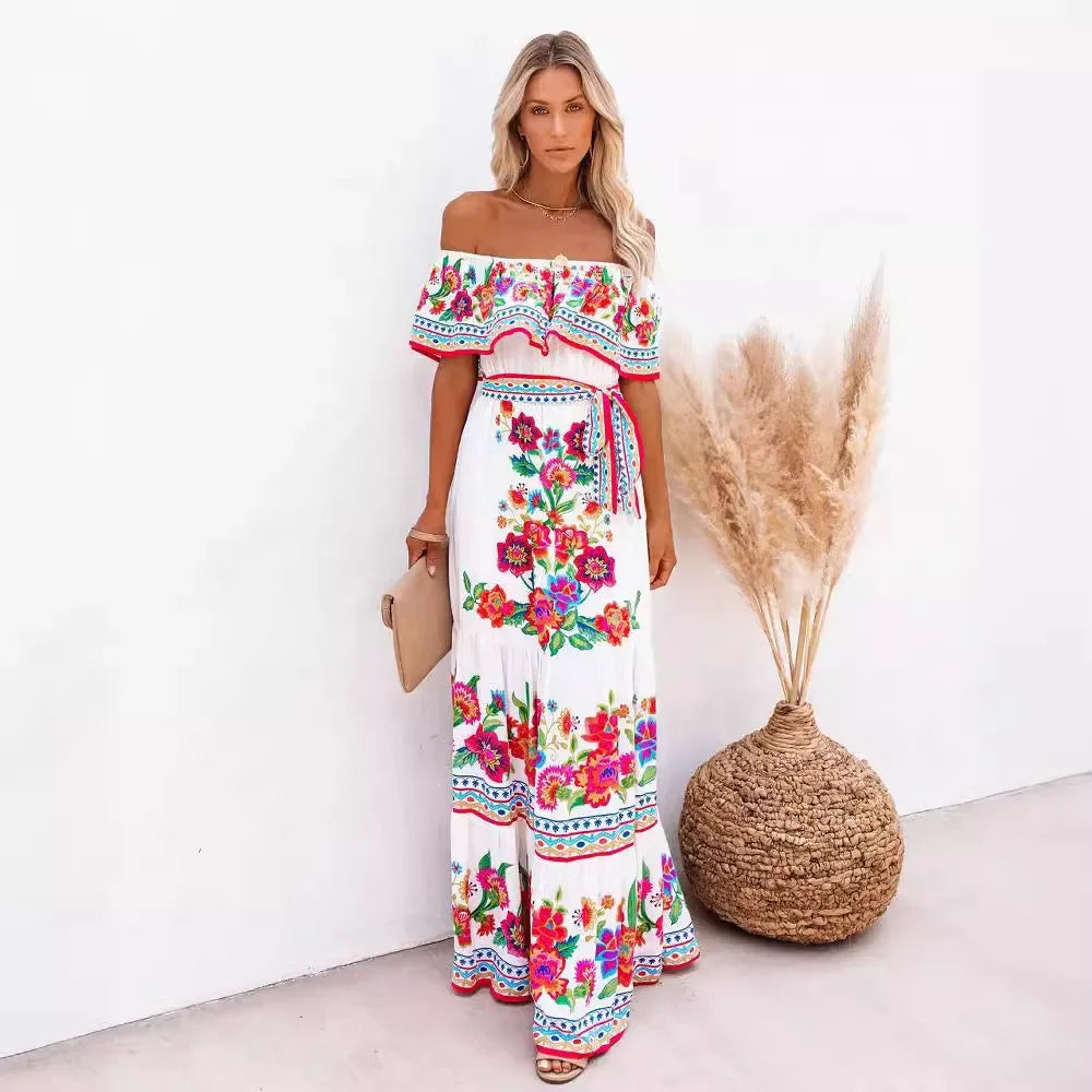 2024 Spring Summer New Independent Stand Amazon Off-shoulder Red Flower Printing Long Dress Oversized Wide Hemline Sleeveless