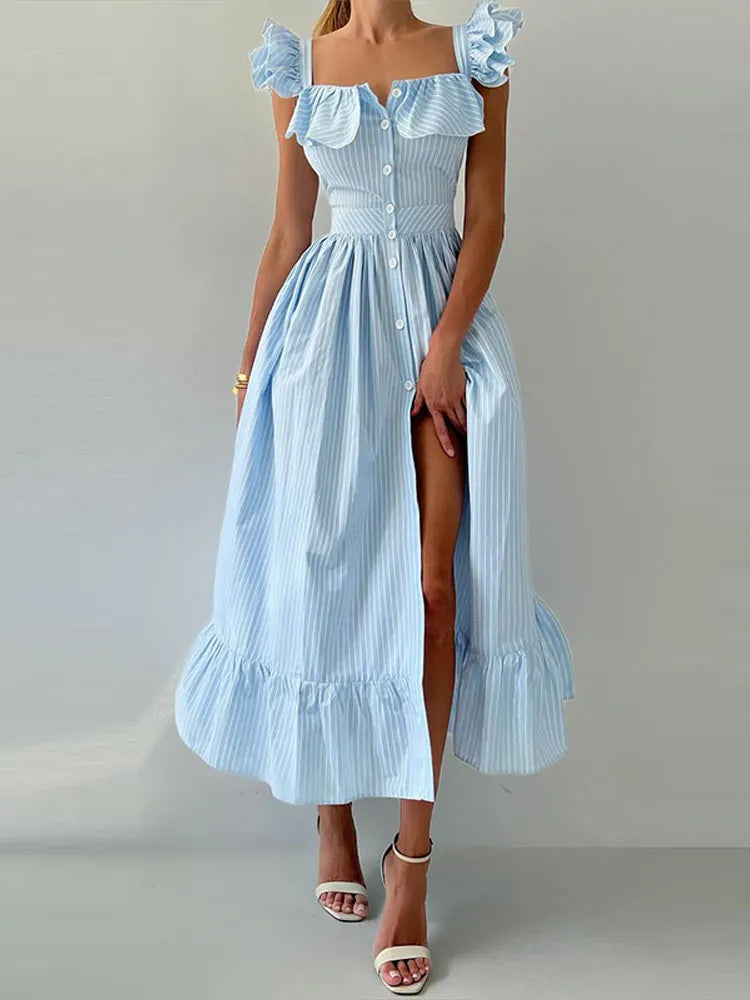 Flying Sleeve Ruffle Striped Slip Long Dress Women Elegant Square Collar Waist Cinching Pleat Party Dresses Chic Ladies Vestido