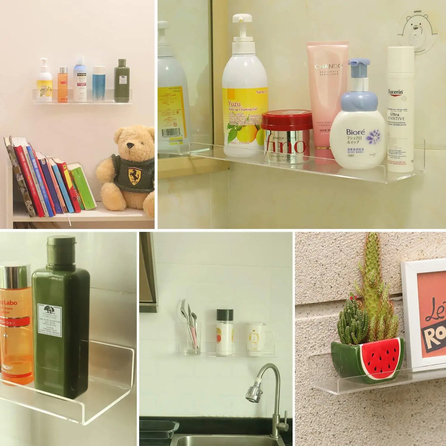 15" Invisible Acrylic Shelves Floating Wall Ledge Bookshelf Shelf Transparent U-Shaped Display Shelf Bookshelf Kitchen Bathroom