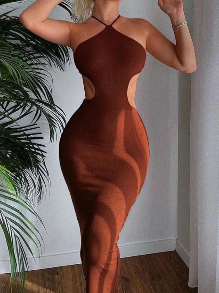 Sexy Full Back Hollow Out Backless Slim Bodycon Long Dress Women Off Shoulder Halter Skinny Dress Elegant Club Party Vestidos