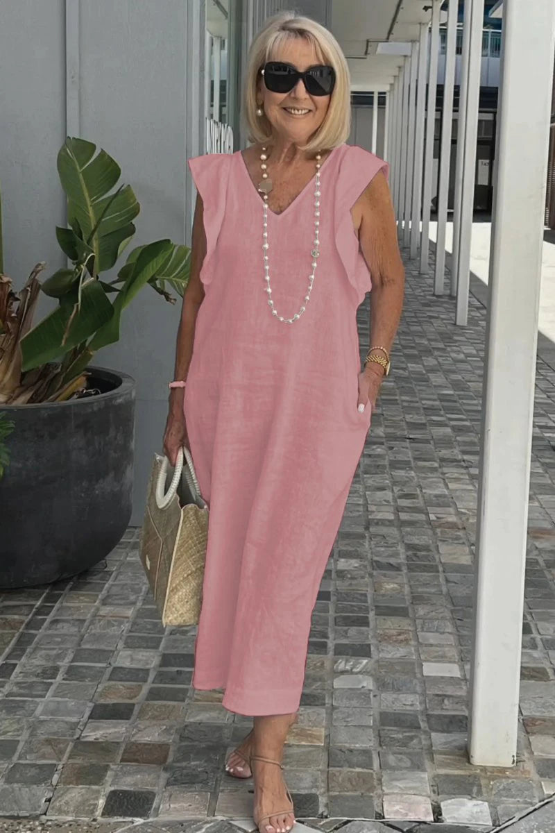 Summer Cotton And Linen Dress For Women Fashion Flying Sleeves Strappy Back Solid Color Loose Long Dress Elegant Robe Femme