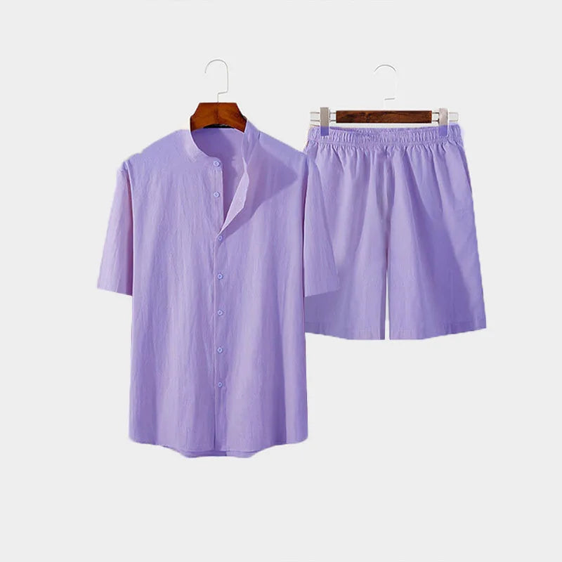 New Men's Hawaiian Set Summer Solid Color Stand Collar Short Sleeve Shirt&Beach Shorts Streetwear High Quality 2-Piece Set 2023