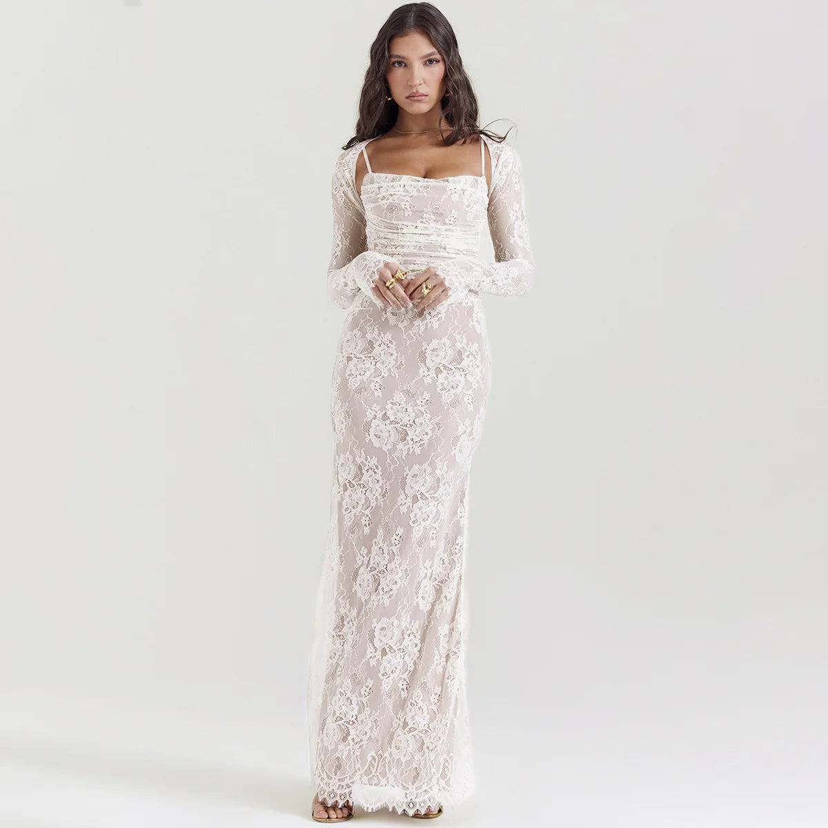 Mozision Elegant Lace Print Maxi Dress Set Women Fashion Spaghetti Strap Long Sleeve Bodycon Club Party Sexy Long Dress