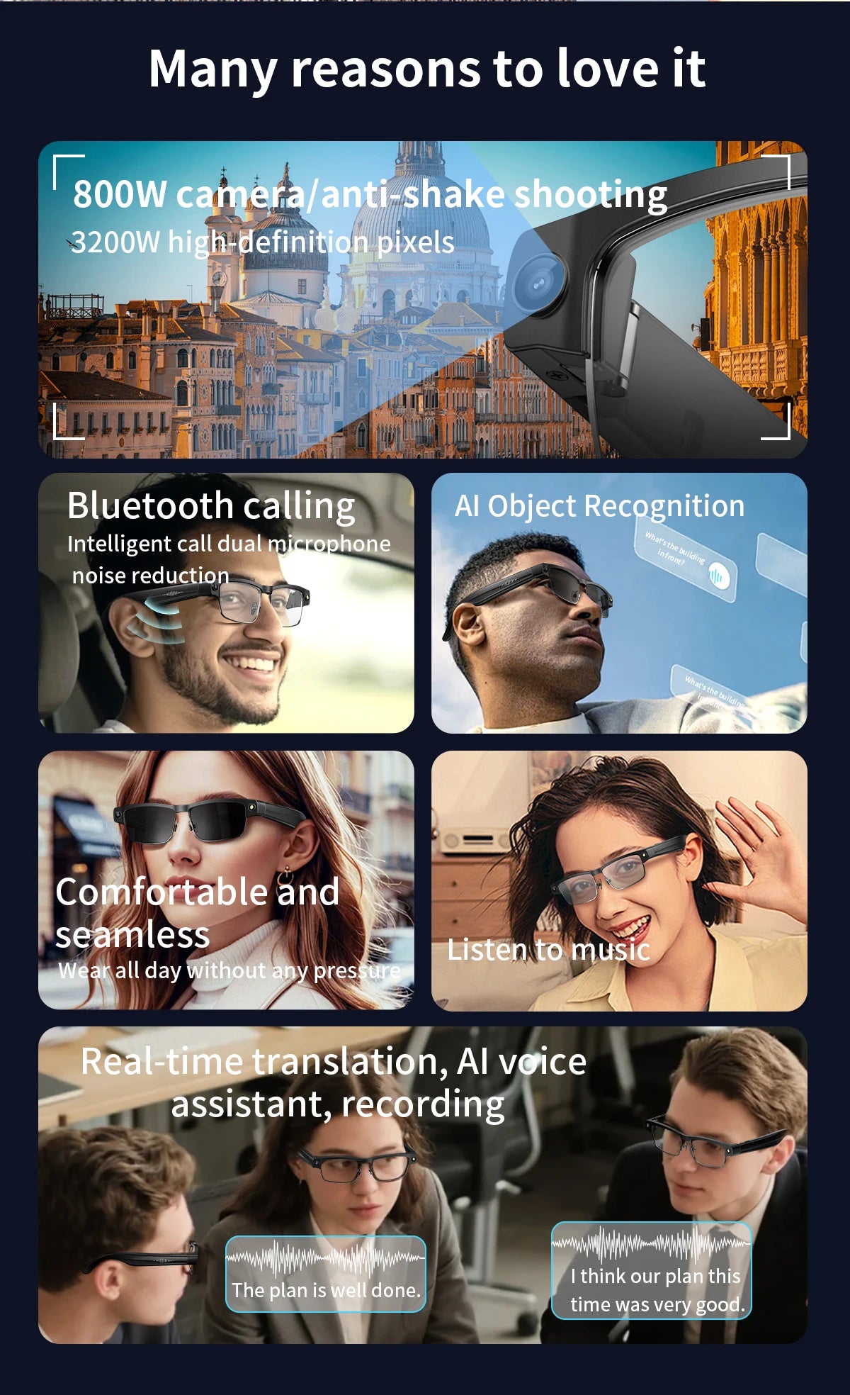 Smart AI Glasses With 8MP HD Camera Chat GPT Touch Sport Sunglasses Bluetooth Call Video Music Player Object Recognition