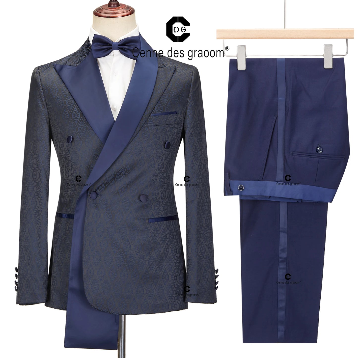 Cenne Des Graoom 2024 New Double-breasted Tuxedo Suits for Men Floral Paisley Jacquard Blazers Pants Wedding Party Wear Prom 