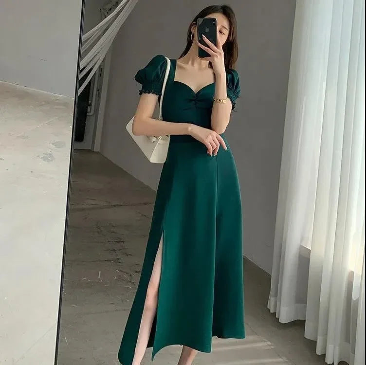 Sweet Vintage French Style Women's Long Dress Summer Hot Sale Of The Season New Bubble Sleeve Square Collar A- Line Split Skirt