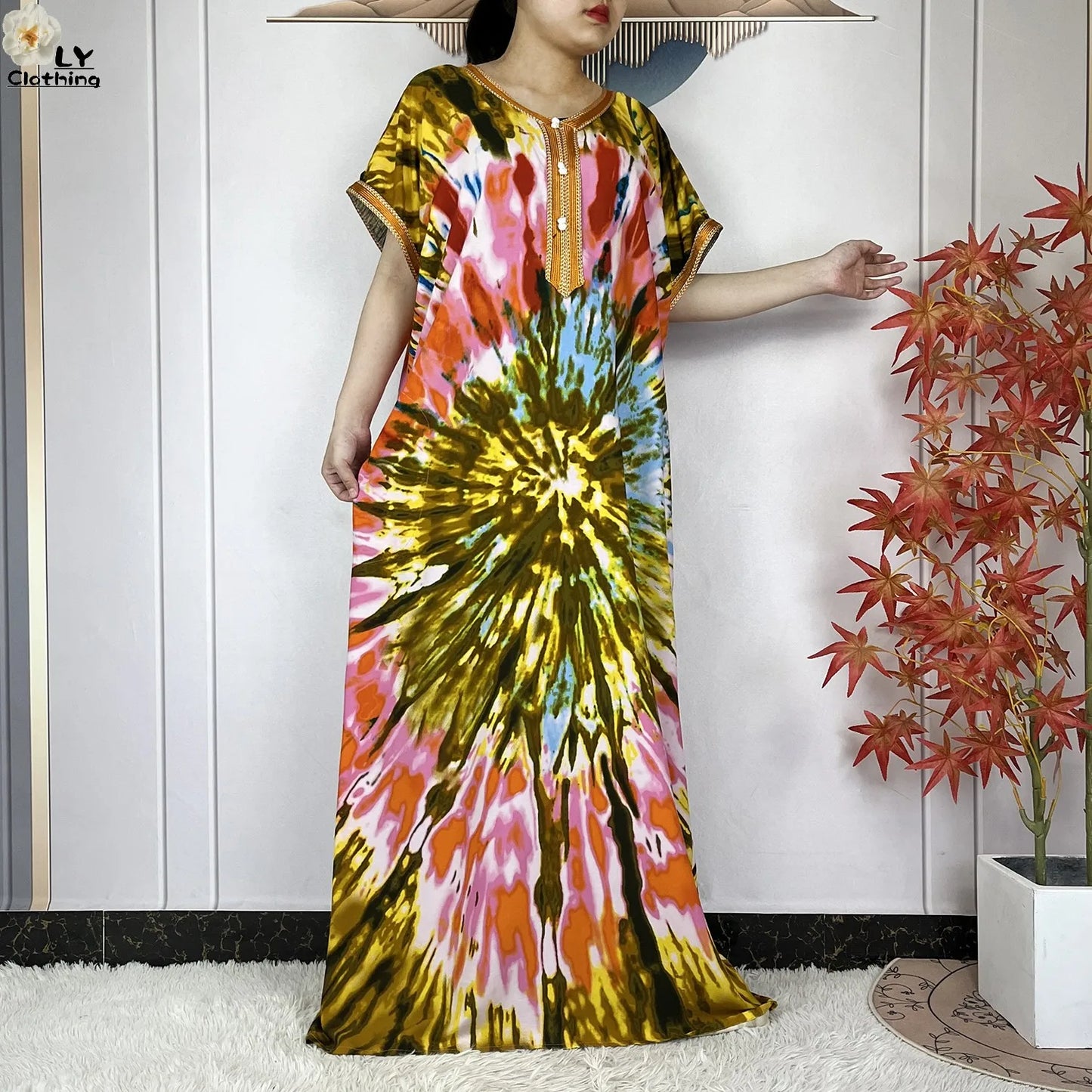 2024 New Style Short Sleeve African Dashiki Tie-dyed Cotton Abaya Caftan Lady Summer Maxi Islam Casual Dresses With Big Scarf