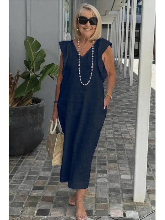 Summer Cotton And Linen Dress For Women Fashion Flying Sleeves Strappy Back Solid Color Loose Long Dress Elegant Robe Femme