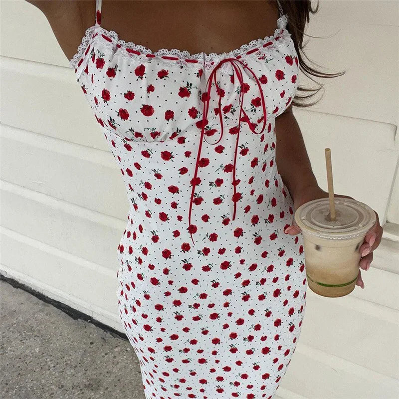 Tuularose Lace Printed Long Dress Women's Summer Sleeveless Spaghetti Strap Patchwork Long Fashion Sexy Slim 2025 Party Dresses