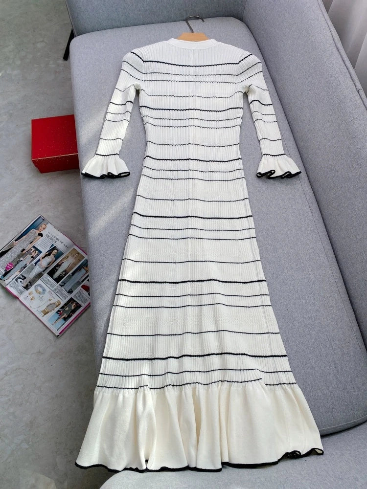 V-neck Striped Knitted Dress,high-end Women's Winter French Style New Item Evening Gown for Women Elegant Party Long Dress