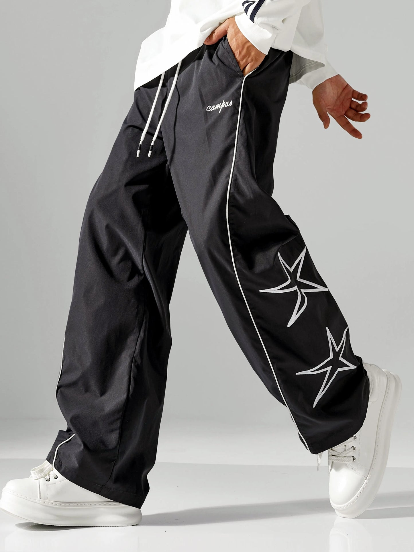 Larbulse Men Contrast Trim Trouser Fashion Casual Pants Solid Color Breathable Loose Straight Drawstring Pants Streetwear