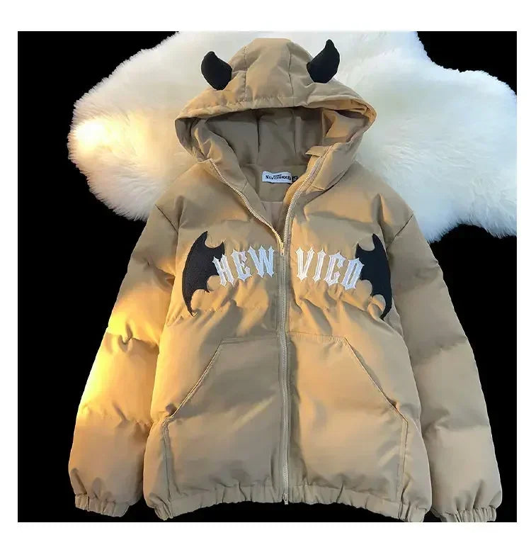 Winter New Cotton Jacket Devil Wing Embroidery Bread Jackets Men's Women's Vintage Harajuku Casual Loose Hooded Cotton-padded