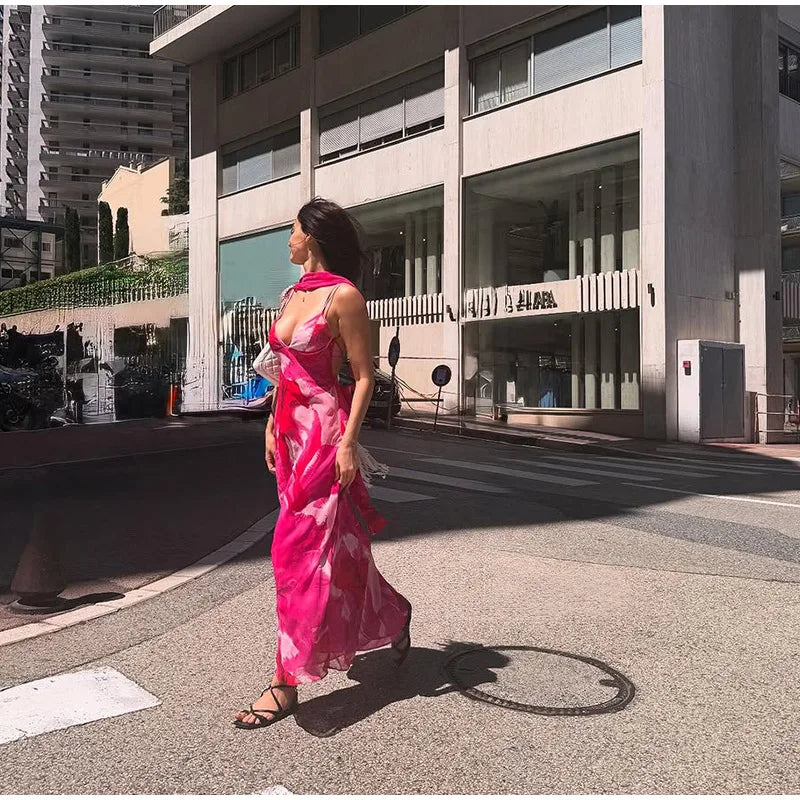 Elegant Printed Tighte Waist Women's Long Dress V-neck Slim A-line Robe 2025 Summer Beach Holiday Style Female's Long Dresses