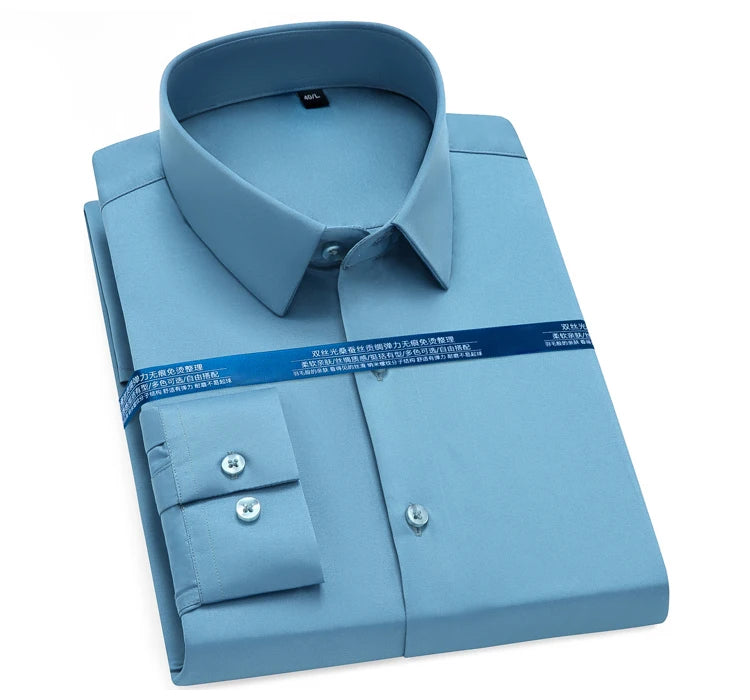 Men's Silk Touch Long Sleeve Non-iron Dress Shirt Without Pocket Stretchy Silky Regular Fit Wrinkle Free Business Casual Shirts