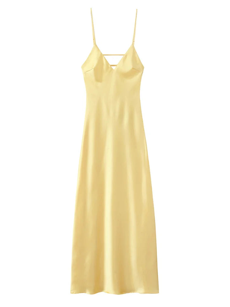 Women Solid Satin Backless Sexy Long Dress Fashion Sleeveless Bodycon Spaghetti Strap Dresses 2025 New Vocation Party Vestidos