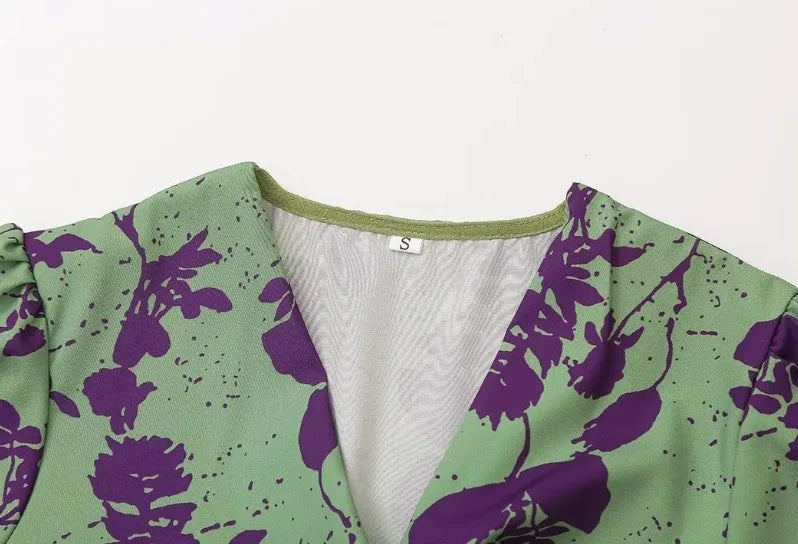 Summer Short Sleeve Print Long Dress Women Elegant Party Sexy Slim V Neck Green Dresses Elegantes Street Evening Vestidos