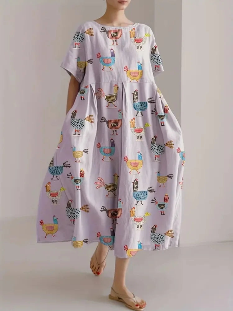 Cute Cat 3D Printed Round Neck Elegant Knee-length Dress Outdoor Holiday Casual Women's Long Dress Elegant Women's Long Dress