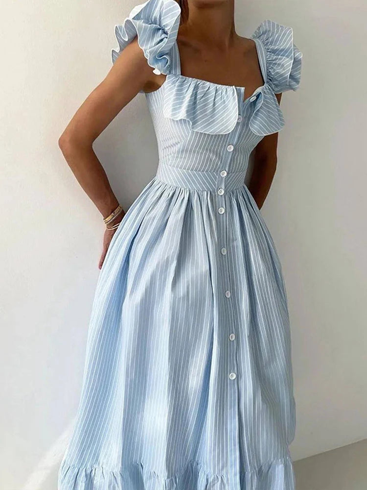 Flying Sleeve Ruffle Striped Slip Long Dress Women Elegant Square Collar Waist Cinching Pleat Party Dresses Chic Ladies Vestido