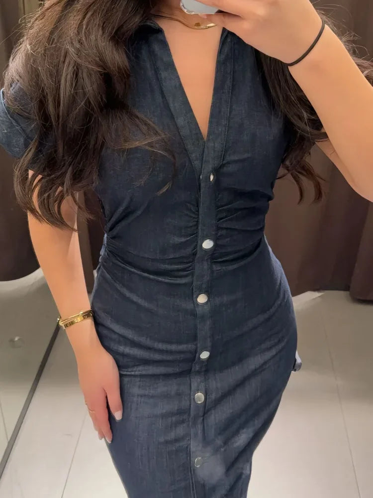 Sexy V-neck Denim Dresses 2025 Women's Spring Fashion Slim Long Dress Chic Short Sleeves Single Button High Street Lady New Robe