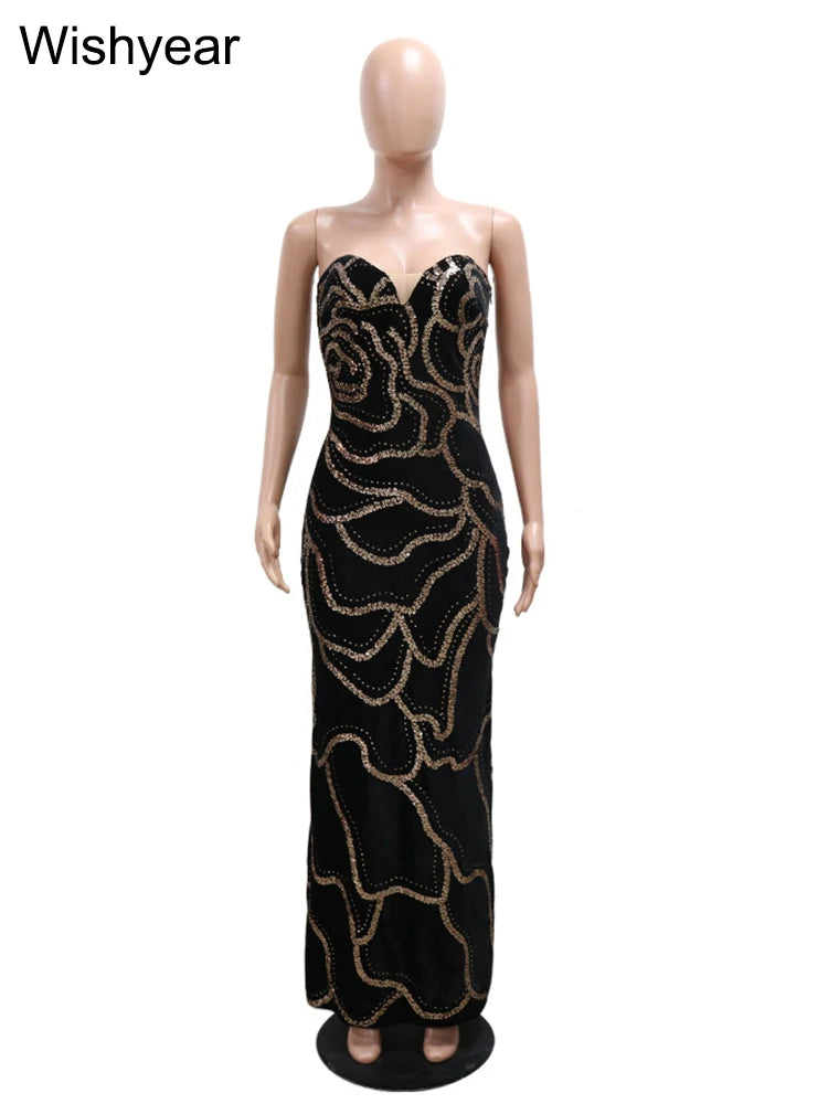New Luxury Elegant Wedding Evening Guests Sequined Strapless Green Long Dress Women Sexy Sleeveless Birthday Party Prom Clubwear