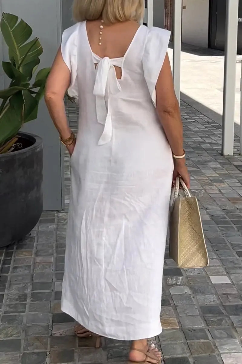 Summer Cotton And Linen Dress For Women Fashion Flying Sleeves Strappy Back Solid Color Loose Long Dress Elegant Robe Femme