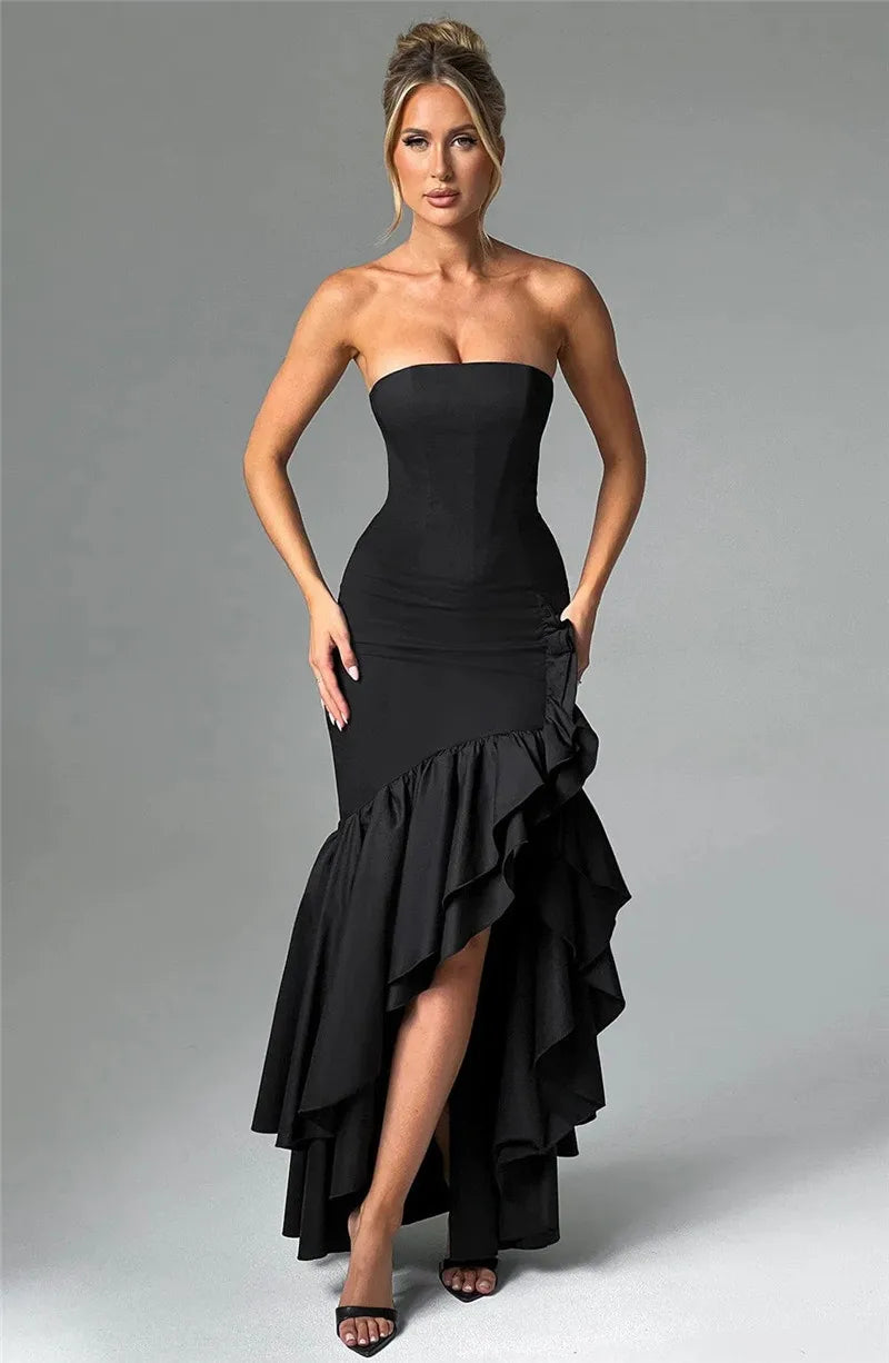 Mozision Strapless High Split Ruffle Long Dress For Women Fashion Off-shoulder Backless Sleeveless Bodycon Club Party Sexy Dress