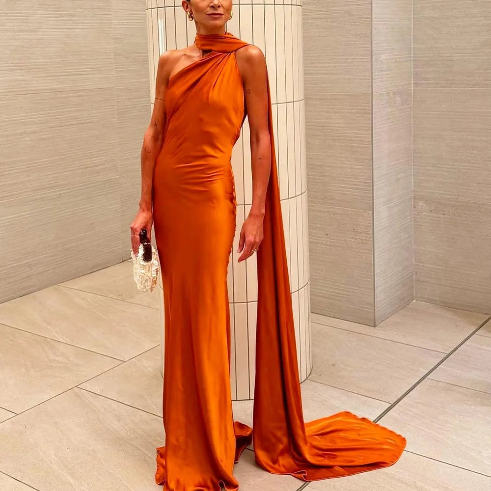 VEITCHE Elegant Women's Soft Silk Satin Long Dress Halter Backless Sleeveless Ribbon Maxi Dresses 2025 Summer Lady Party Gowns