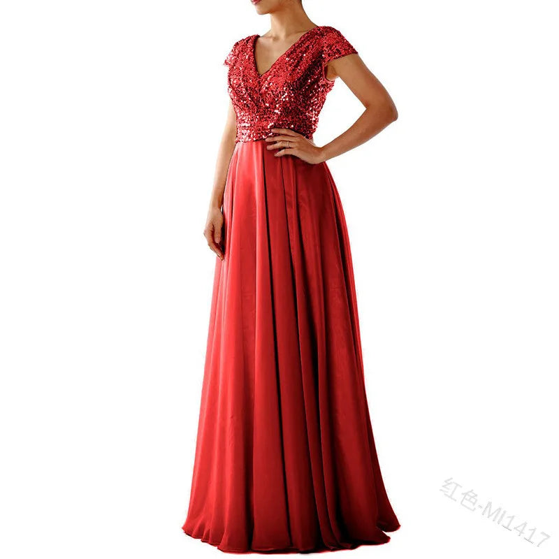 Elegant Sequins Chiffon Dress for Women V Neck Pleated Hem Female Sequins Chiffon Prom Cocktail Long Dress Wedding Evening Dress